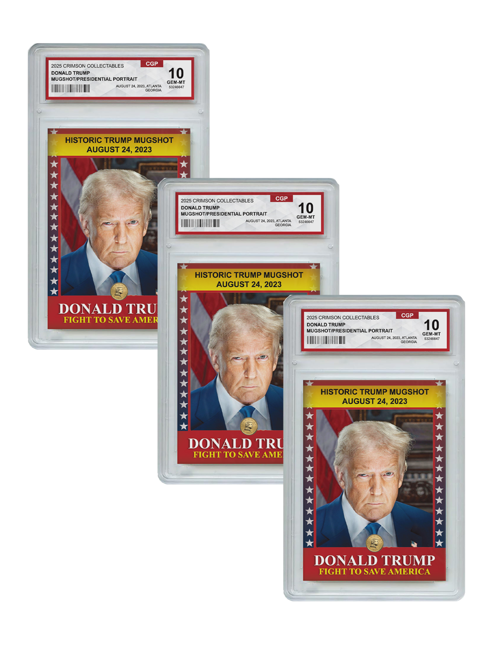3 x Donald Trump Trading Card - 3D Mugshot/Presidential Portrait - Gem Mint Graded 3D Collectable Card
