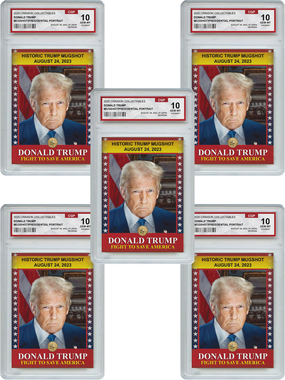 5 x Donald Trump Trading Card - 3D Mugshot/Presidential Portrait - Gem Mint Graded 3D Collectable Card
