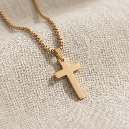 18K Gold Plated Christian Cross Necklace for Men & Women – 1 Inch Stainless Steel Pendant, Rounded Box Chain