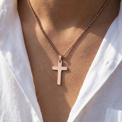 18K Gold Plated Christian Cross Necklace for Men & Women – 1 Inch Stainless Steel Pendant, Rounded Box Chain